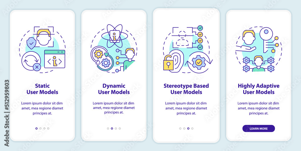 User modeling onboarding mobile app screen. Interaction walkthrough 4 steps editable graphic instructions with linear concepts. UI, UX, GUI template. Myriad Pro-Bold, Regular fonts used