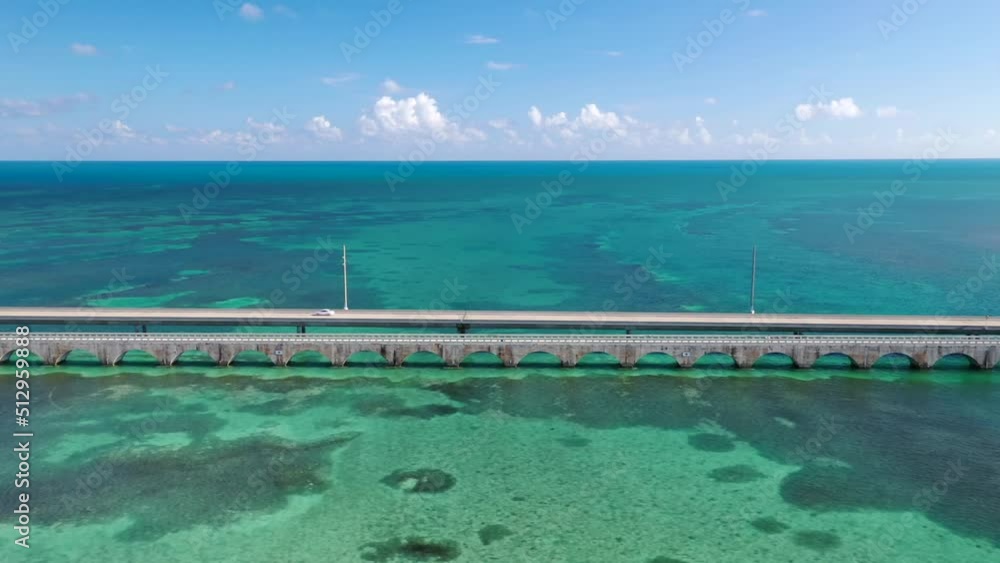Aerial View Of Seven Mile Bridge In Florida Keys. Endless Road In Monroe County, Florida, USA. sideways shot Aerial View Of Seven Mile Bridge In Florida Keys. Endless Road In Monroe County, Florida, USA. sideways shot