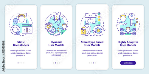 User modeling onboarding mobile app screen. Interaction walkthrough 4 steps editable graphic instructions with linear concepts. UI, UX, GUI template. Myriad Pro-Bold, Regular fonts used