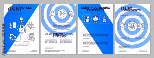 Software for user provisioning blue brochure template. Facility. Leaflet design with linear icons. Editable 4 vector layouts for presentation, annual reports. Arial, Myriad Pro-Regular fonts used
