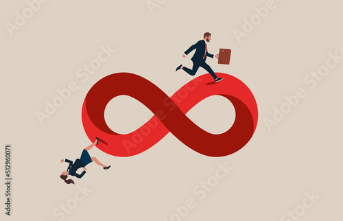 Male and woman running on never ending infinity loop. Business cycle, infinity routine job or career path, competition to success, impossible illusion.