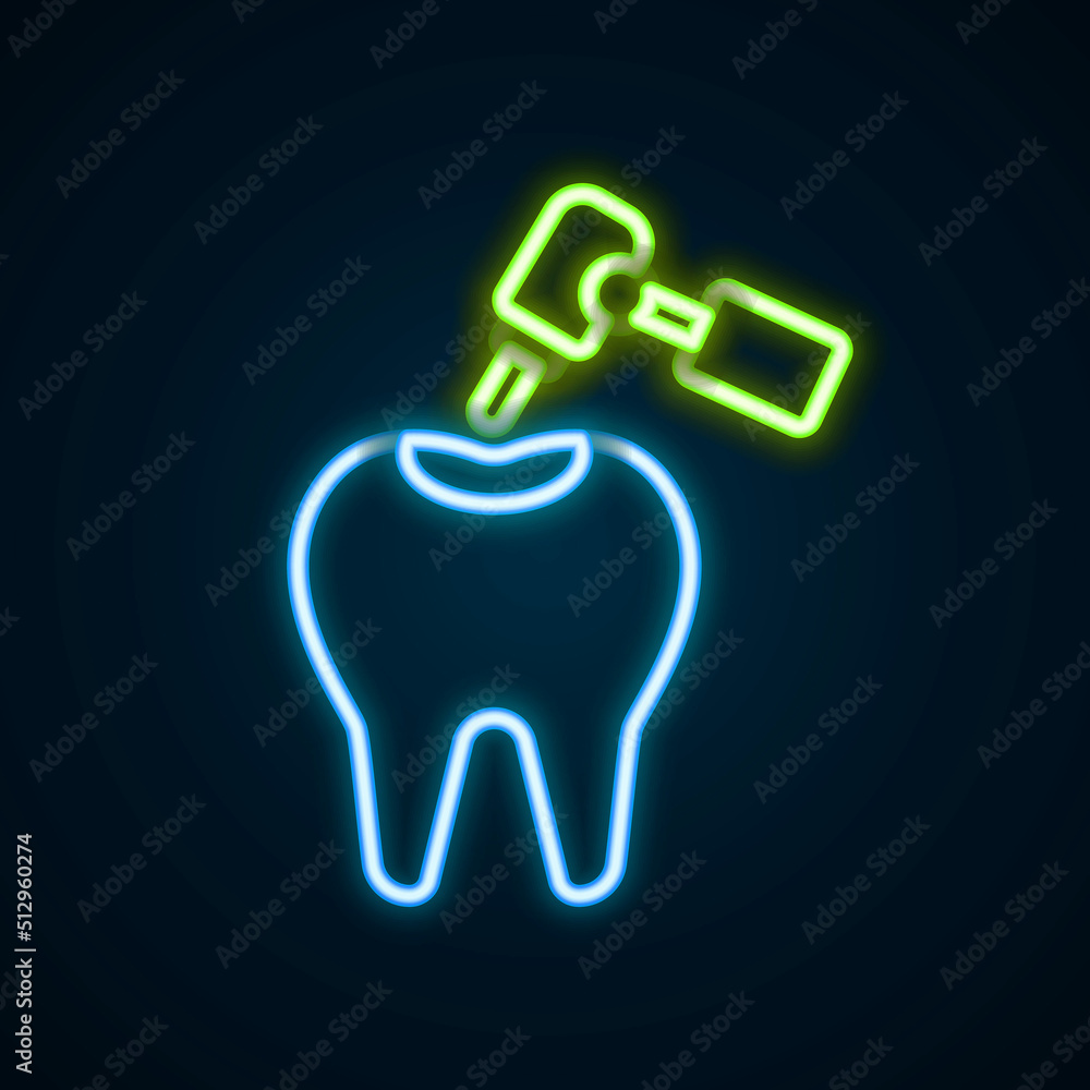 Glowing neon line Tooth with caries and tooth drill icon isolated on black background. Tooth decay. Colorful outline concept. Vector Glowing neon line Tooth with caries and tooth drill icon isolated on black background. Tooth decay. Colorful outline concept. Vector