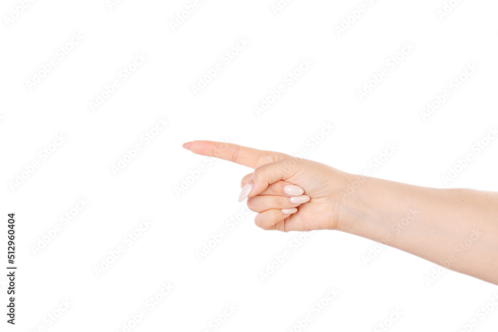 Freckled white hand. Isolated woman`s hand palm up, in a pointing gesture indicating left or right Freckled white hand. Isolated woman`s hand palm up, in a pointing gesture indicating left or right
