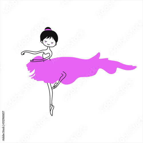 Cute little dancing girl in a pink long skirt. Vector doodle illustration in pink color for girly designs such as textile clothing print, wall art, poster, stickers, postcards and mor