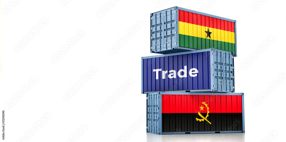 Cargo containers with Angola and Ghana national flags. 3D Rendering Cargo containers with Angola and Ghana national flags. 3D Rendering