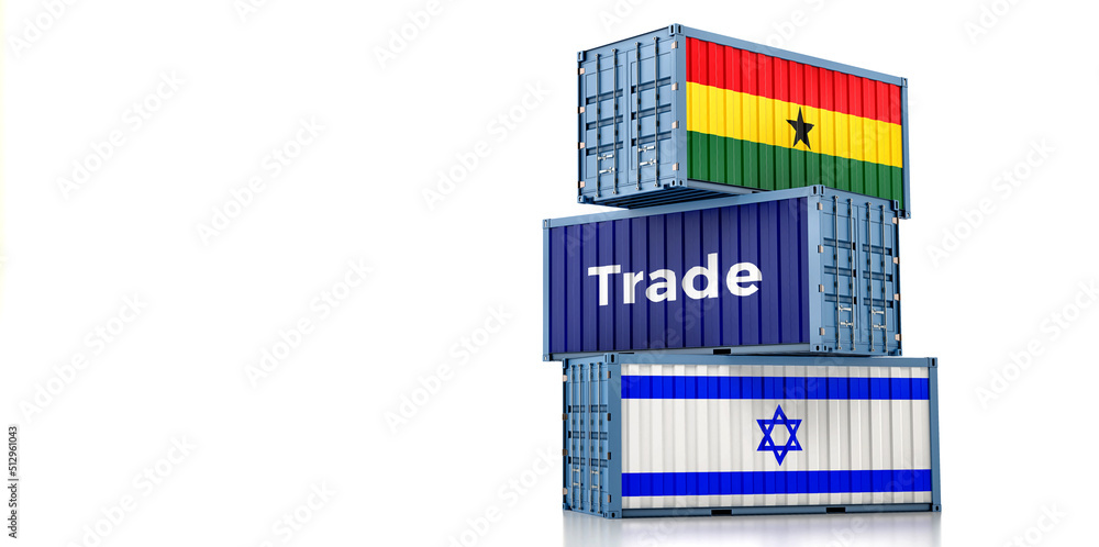 Cargo containers with Israel and Ghana national flags. 3D Rendering Cargo containers with Israel and Ghana national flags. 3D Rendering