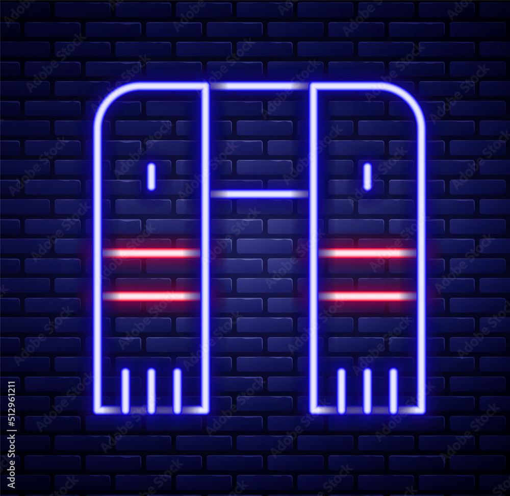 Glowing neon line Winter scarf icon isolated on brick wall background. Colorful outline concept. Vector