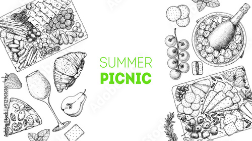 Picnic food top view. Hand drawn vector illustration. Food and drink sketch. Antipasti, pizza, sandwich, wine and snacks for lunch or dinner. Summer food top view.