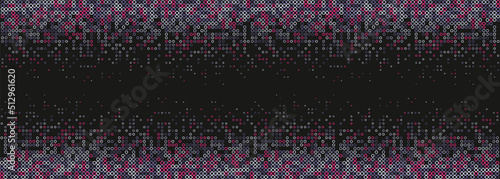 Abstract geometric horizontal panoramic banner of circles. Frame of multicolored dots confetti top and bottom on dark background. Chaotic colorful tiny spots, droplets of different sizes, abstract