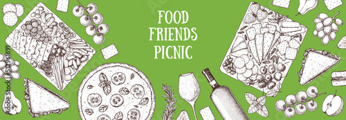 Picnic food top view. Hand drawn vector illustration. Food and drink sketch. Antipasti, pizza, sandwich, fruits, snacks for lunch or dinner. Summer Food top view frame.