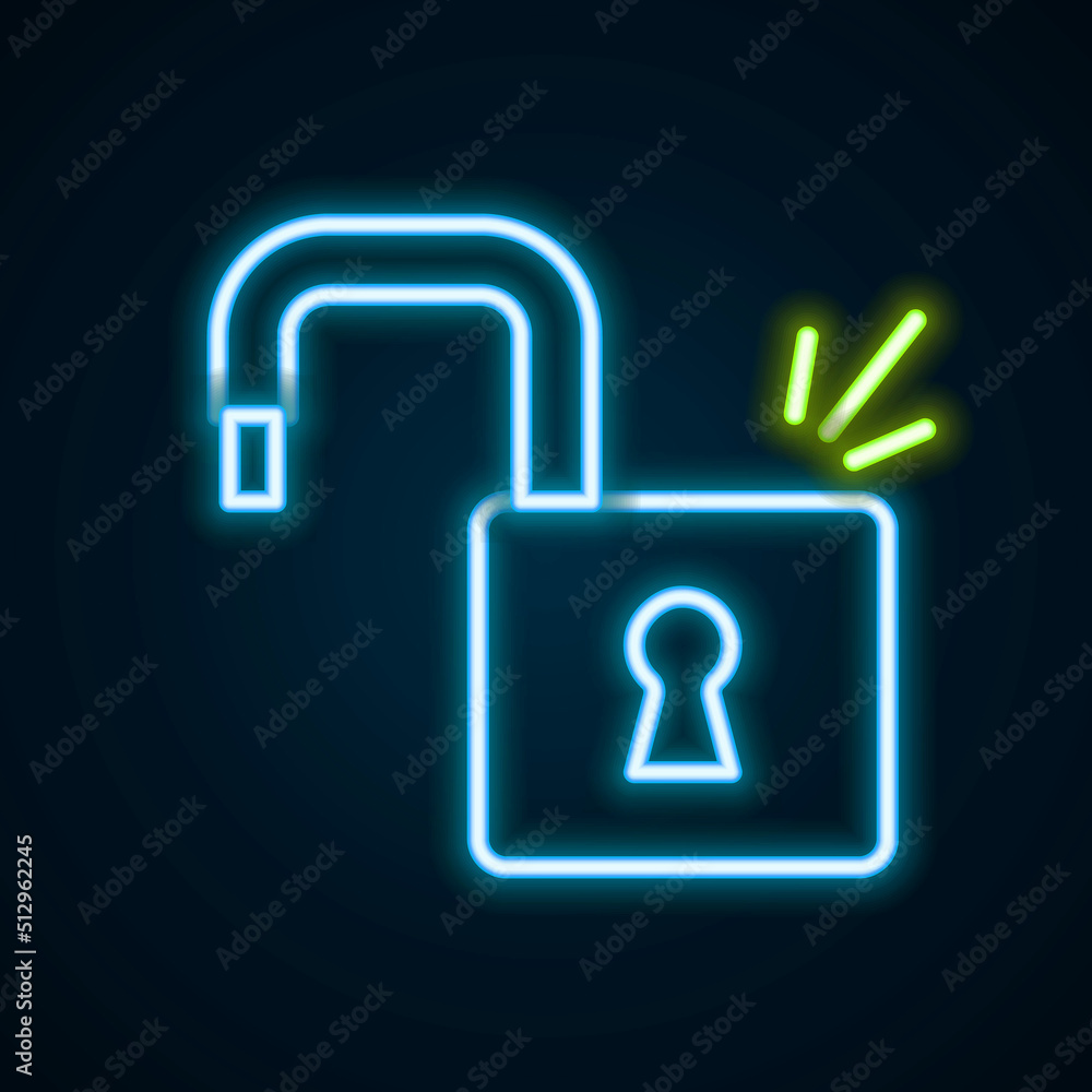 Glowing neon line Open padlock icon isolated on black background. Opened lock sign. Cyber security concept. Digital data protection. Colorful outline concept. Vector Glowing neon line Open padlock icon isolated on black background. Opened lock sign. Cyber security concept. Digital data protection. Colorful outline concept. Vector