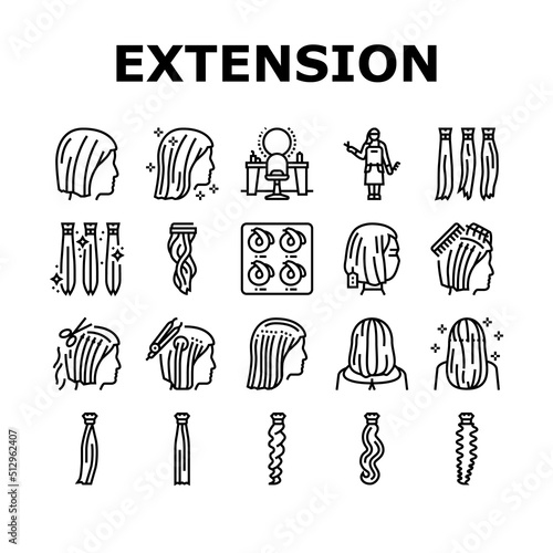 Hair Extension Salon Procedure Icons Set Vector. Hair Extension And Cutting, Multicolor Palette For Choosing Style, And Accessory, Hairdresser Worker And Client Black Contour Illustrations