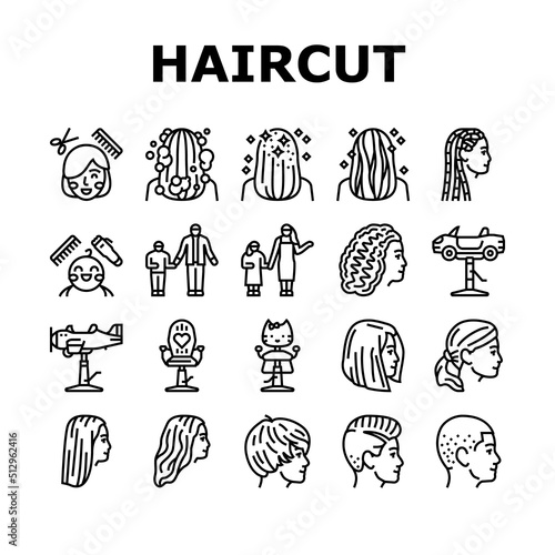 Children Haircut Salon Service Icons Set Vector. Kid Haircut Salon Service And Accessory, Chair In Car Airplane Form, Haircutting Scissors Device. Hairdressing Procedure Black Contour Illustrations