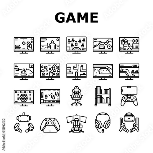 Video Game Electronic And Device Icons Set Vector. Racing Simulator And Simulation, Action And Adventure, Sports And Royal Battle Video Game. Computer And Joystick Console Black Contour Illustrations