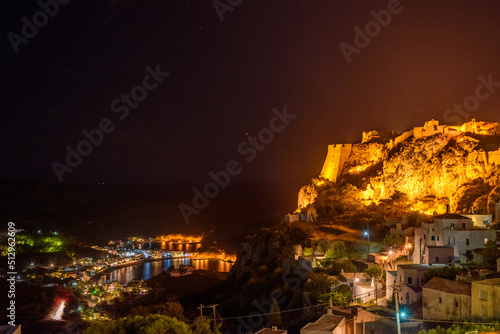 Aerial panoramic view over Chora, Kythira and the Castle in Kythira island, Greece at night photo