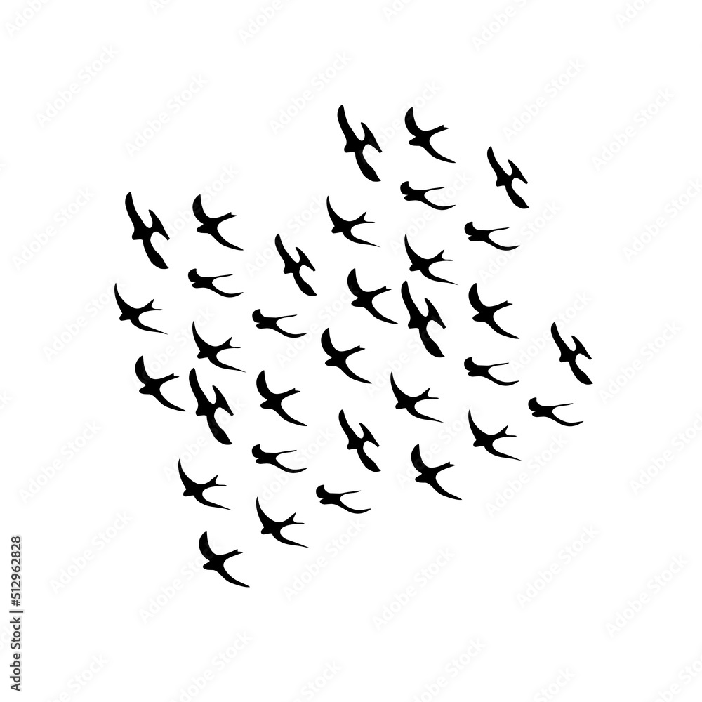 A group of black birds flying together silhouettes. Isolated on a white background. Vector illustration A group of black birds flying together silhouettes. Isolated on a white background. Vector illustration
