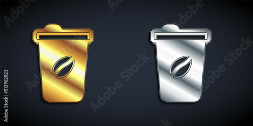 Gold and silver Coffee cup to go icon isolated on black background. Long shadow style. Vector