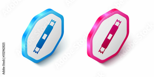 Isometric Sugar stick packets icon isolated on white background. Blank individual package for bulk food products as coffee, salt, spices. Hexagon button. Vector