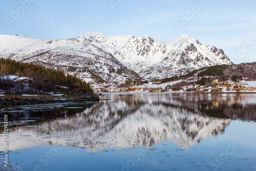 Mountain reflection in lake at Vestvagoy. Lofoten Islands. Norway