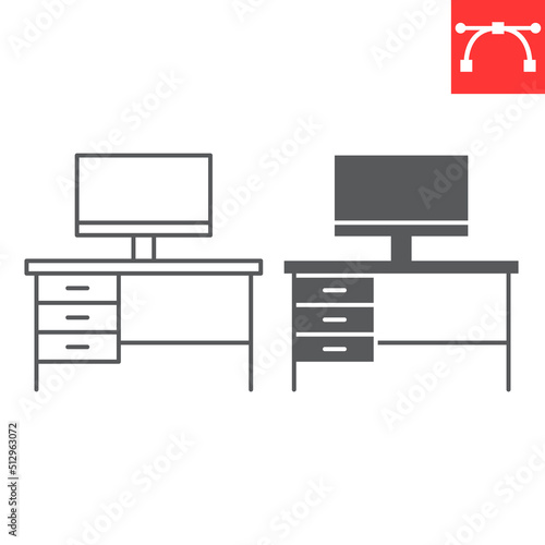 Desk computer line and glyph icon, furniture and interior, workplace vector icon, vector graphics, editable stroke outline sign, eps 10.