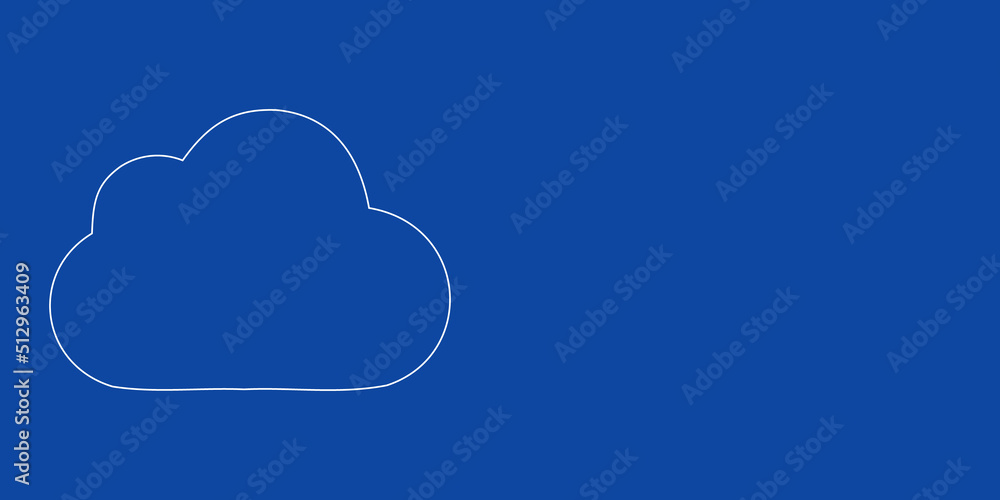 A large white outline cloud symbol on the left. Designed as thin white lines. Vector illustration on blue background A large white outline cloud symbol on the left. Designed as thin white lines. Vector illustration on blue background