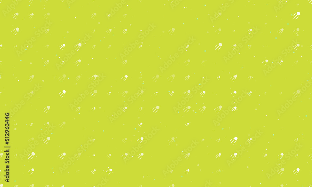 Seamless background pattern of evenly spaced white satellite symbols of different sizes and opacity. Vector illustration on lime background with stars