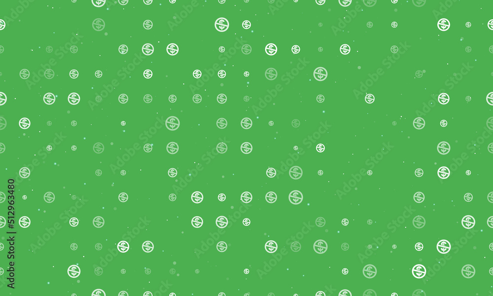 Seamless background pattern of evenly spaced white no dollar symbols of different sizes and opacity. Vector illustration on green background with stars