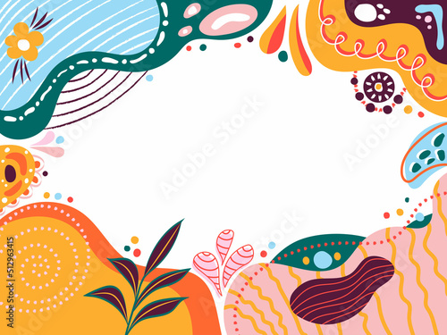Flat abstract floral doodle background. Flower, leaves, Texture and shape elements. Nature inspired color palette vector illustration background template. Decorative colorful Horizontal banner design