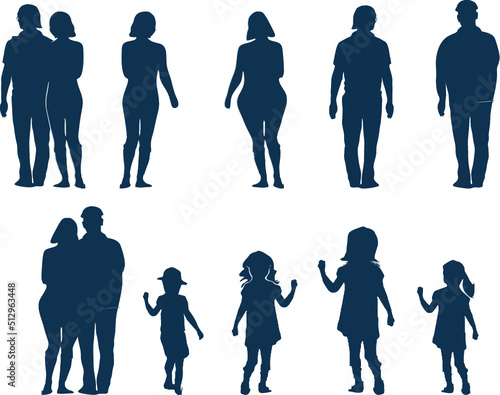 Set of vector images - people silhouettes, memebers of the family, couples, children and parents. photo