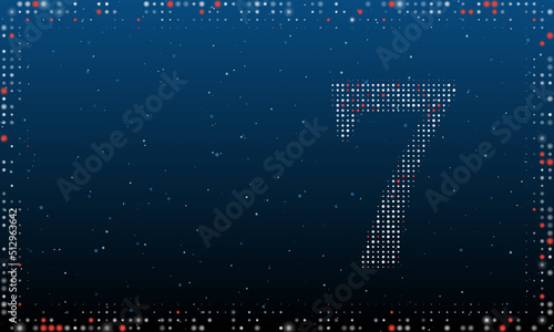 On the right is the number seven symbol filled with white dots. Pointillism style. Abstract futuristic frame of dots and circles. Some dots is red. Vector illustration on blue background with stars