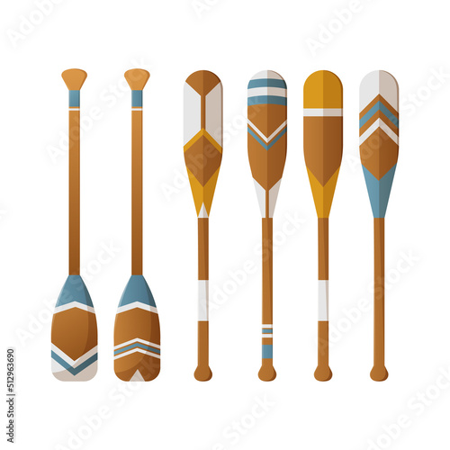Oars set, vector illustration, isolated background, cartoon style. Rowing equipment with patterns. Marine summer theme. Nautical design. For sticker, banner, social media, website
