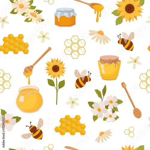 apiary pattern. bee honey wax comb and flowers illustration for textile design. Vector cartoon seamless background