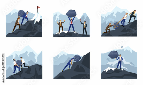 businessman pushes stones. active business managers highway concept illustrations. Vector templates set