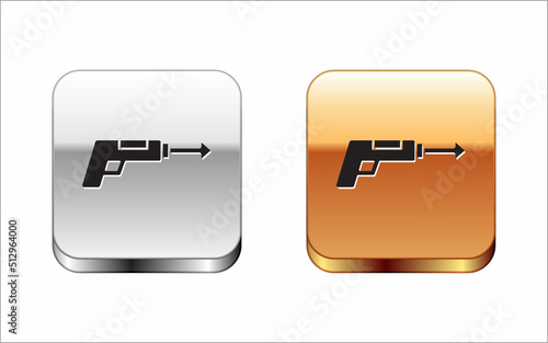 Black Fishing harpoon icon isolated on white background. Fishery manufacturers for catching fish under water. Diving underwater equipment. Silver-gold square button. Vector
