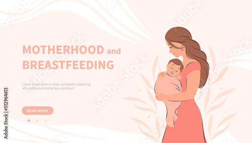 Banner about breastfeeding and motherhood. Woman and baby. Vector illustration.