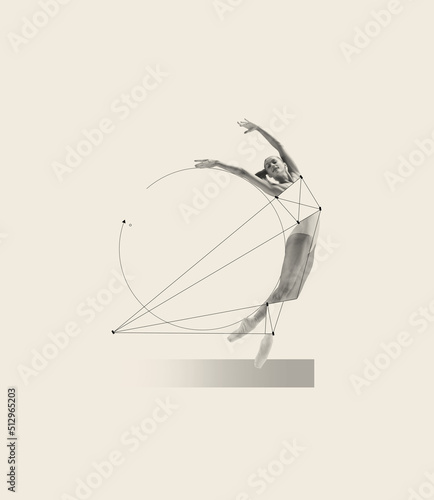 Fotografia Contemporary art collage with young beautiful ballering performing isolated over grey background