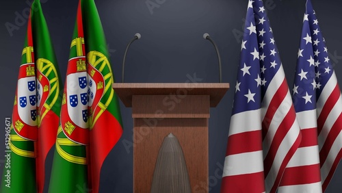 Fototapeta Naklejka Na Ścianę i Meble -  Flags of Portugal and USA at international meeting or negotiations press conference. Podium speaker tribune with flags and coat arms. 3d rendering