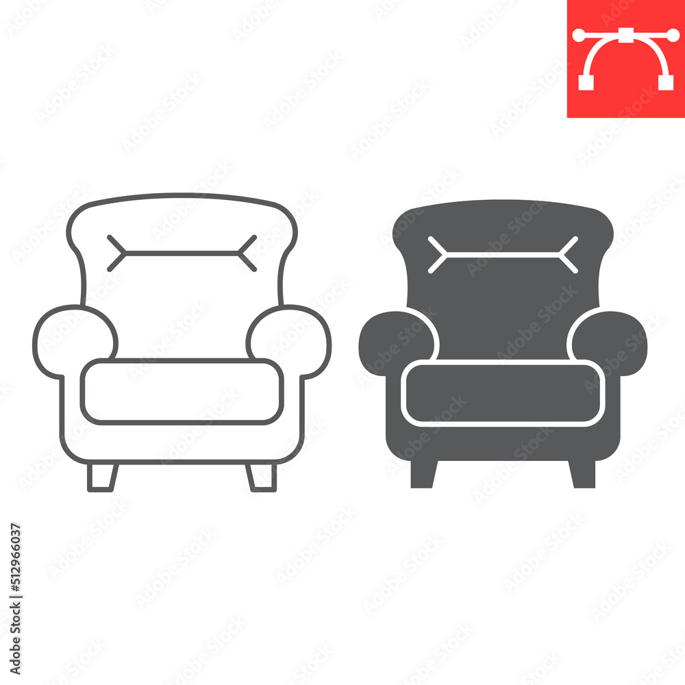 Leather armchair line and glyph icon, furniture and interior, armchair vector icon, vector graphics, editable stroke outline sign, eps 10. Leather armchair line and glyph icon, furniture and interior, armchair vector icon, vector graphics, editable stroke outline sign, eps 10.