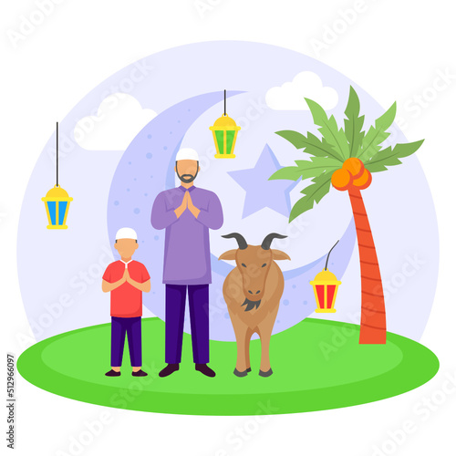 Man with Kids offering Prayer concept, Goat Sacrificing Ceremony vector Icon Design, Eid al-Azha or Eid ul Kabir Symbol, Hajj Sign, Muslims religious Festival Stock illustration