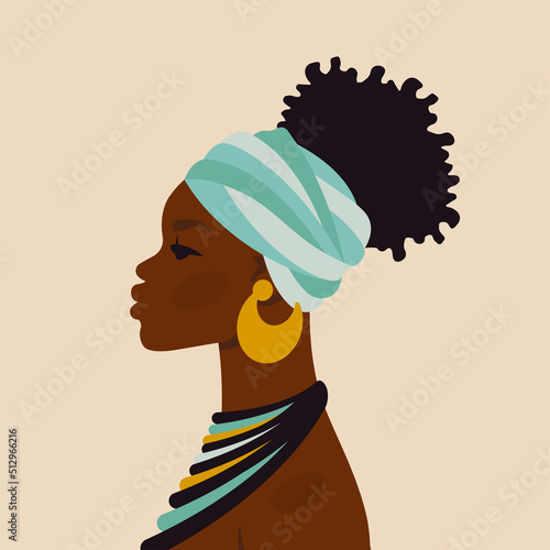 African beautiful woman. Female ethnicity character in national dress, ornaments, turban.  Portrait art. Young African American girl for avatar, card, fashion, beauty. Vector cartoon flat Illustration
