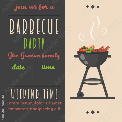 Barbecue party invitation. BBQ invite template in retro style. Summer barbecue picnic. Vintage bbq background with grill, steaks, meat food, vegetables, cutlery, text. Vector cartoon illustration.