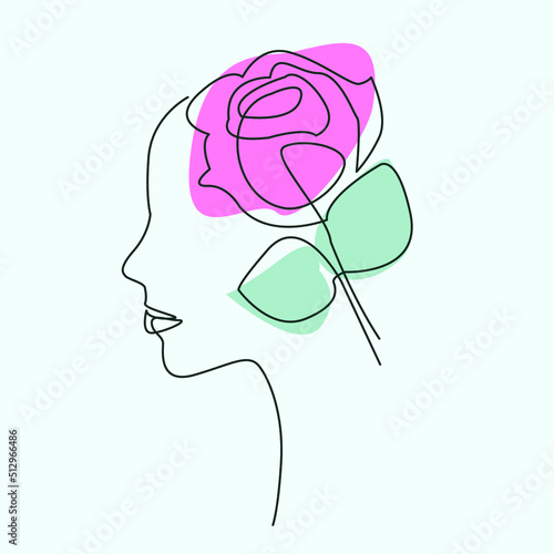 Continuous Line Art Girl Face With Rose Flower Drawing. Vector Illustration best for wall art