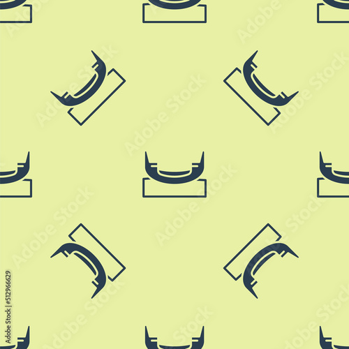 Blue Boat swing icon isolated seamless pattern on yellow background. Childrens entertainment playground. Attraction riding ship, swinging boat. Amusement park. Vector