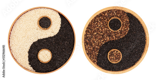 Sesame seeds arranged in yin and yang shape isolated on white background with clipping path. photo