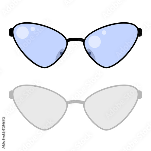 Vector illustration of round shaped glasses with black frame and blue glass on a white background with shadow