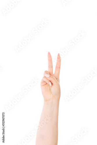 Woman`s hand with two fingers up in the peace or victory symbol © Irina Brinza