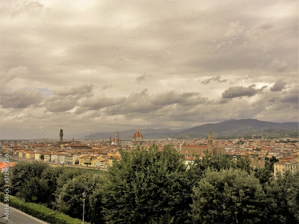 A overview of Florence city in Italy Houses ,towers, Saint Mary church seen in distance. Image is taken on September 26, 2012 and is editorial purposes.
