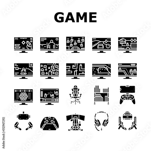 Video Game Electronic And Device Icons Set Vector. Racing Simulator And Simulation, Action Adventure, Sports Royal Battle Video Game. Computer Ad Joystick Console Glyph Pictograms Black Illustrations