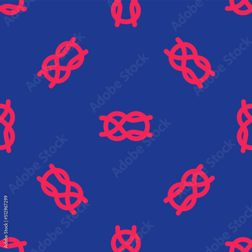Red Nautical rope knots icon isolated seamless pattern on blue background. Rope tied in a knot. Vector