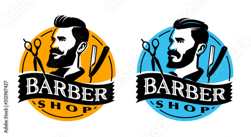 Barbershop logo. Men haircut and shave emblem, label, badge. Vector illustration